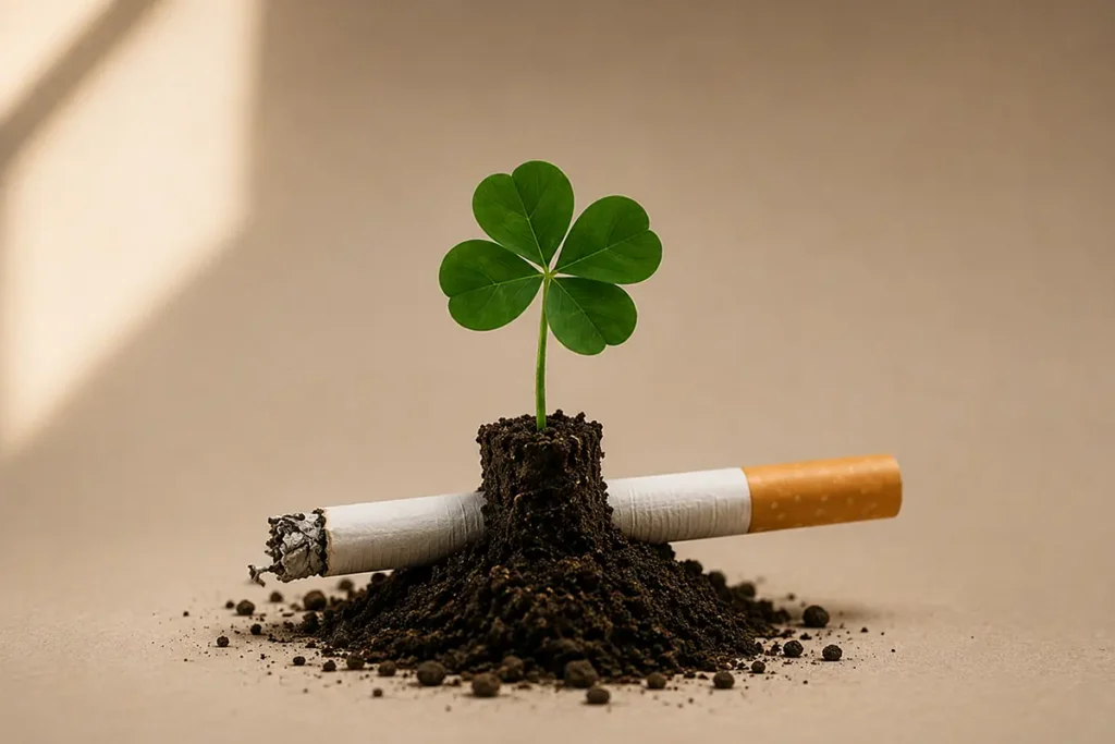 Trébol brotando junto a un cigarrillo apagado, símbolo de liberación del tabaco