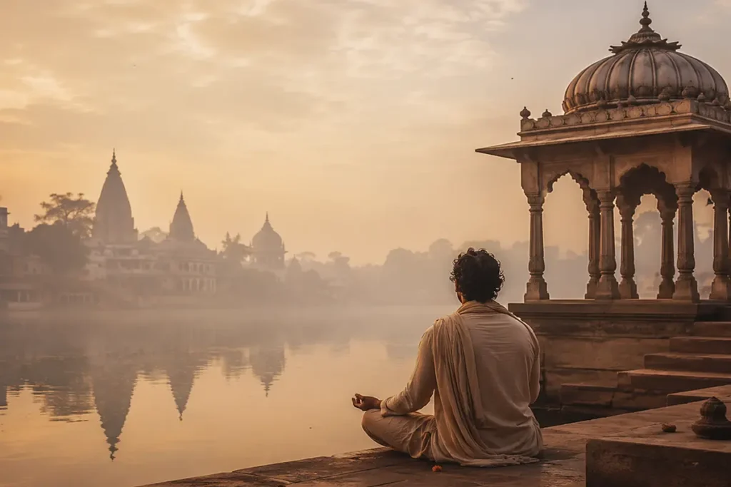 Persona meditando junto a un río en la India, con templos al fondo y atmósfera contemplativa