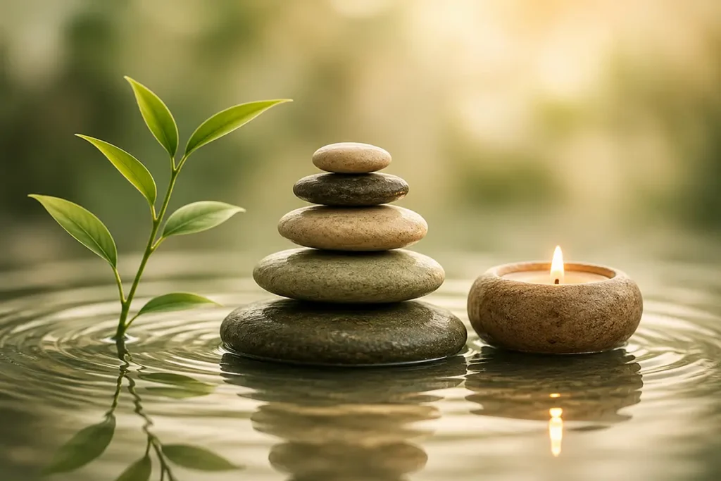 Piedras en equilibrio, vela encendida y planta sobre agua en calma