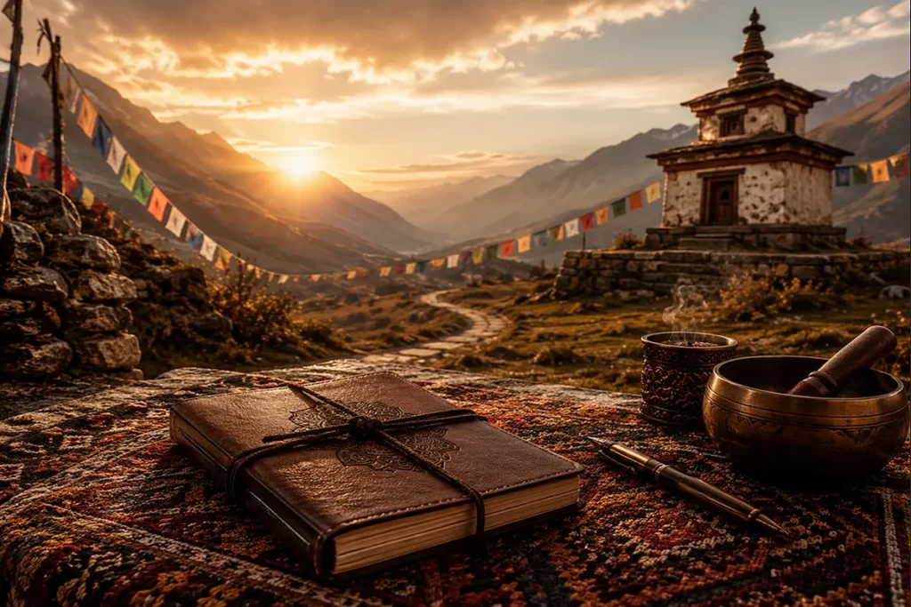 Cuaderno, cuenco y paisaje de montaña al atardecer, símbolo de viaje interior